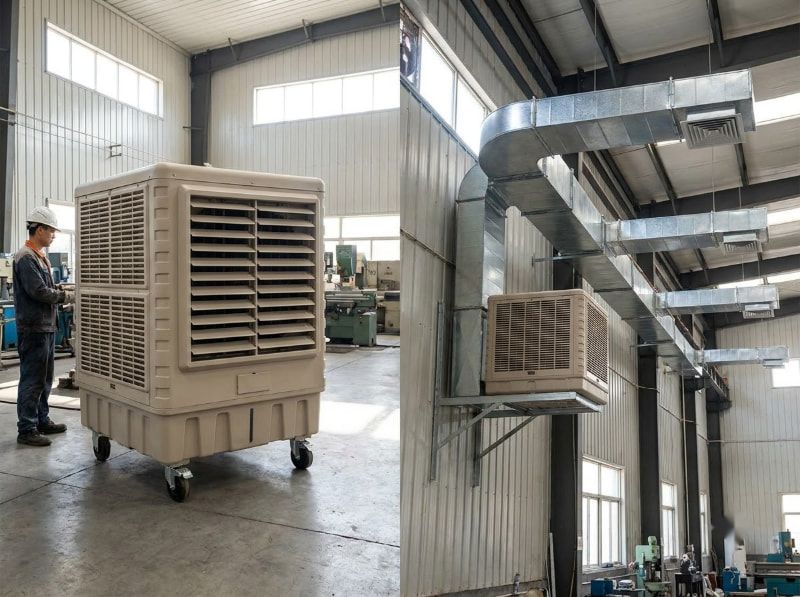 Đối chiếu trực quan cạnh nhau giữa quạt di động bánh xe đặt sàn và hệ thống làm mát cố định nối đường ống gió trên trần.