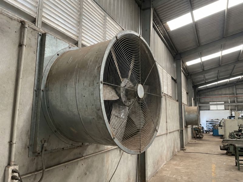 Quạt hướng trục gắn tường tạo lưu lượng gió lớn, hỗ trợ thông thoáng không gian nhà xưởng.